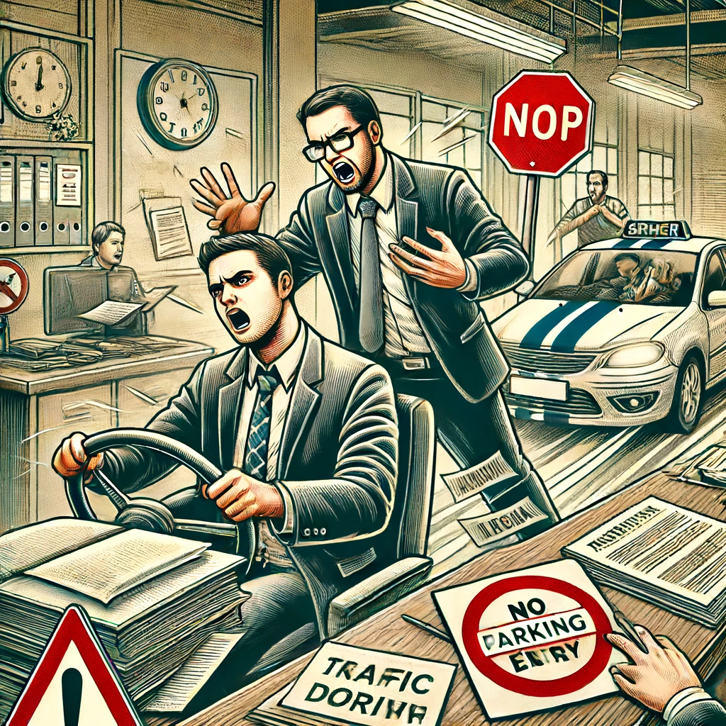 A detailed and impactful illustration showing a stressed employee being forced to drive by an overbearing boss. The scene includes a cluttered off.webp