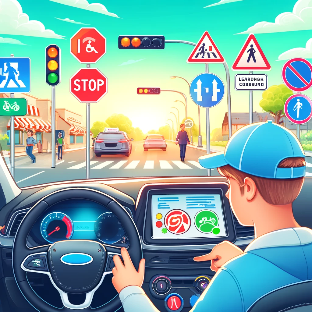 A vibrant and detailed illustration showing a car dashboard with a beginner driver attentively following traffic rules. The scene includes clear r.webp