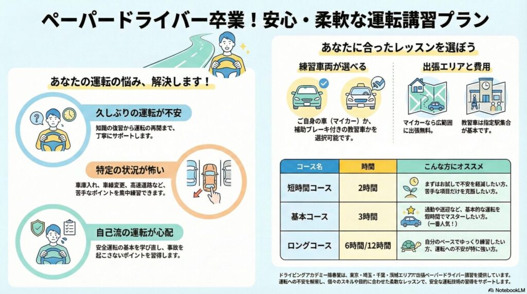 ペーパードライバー卒業　安心・柔軟な運転講習プラン