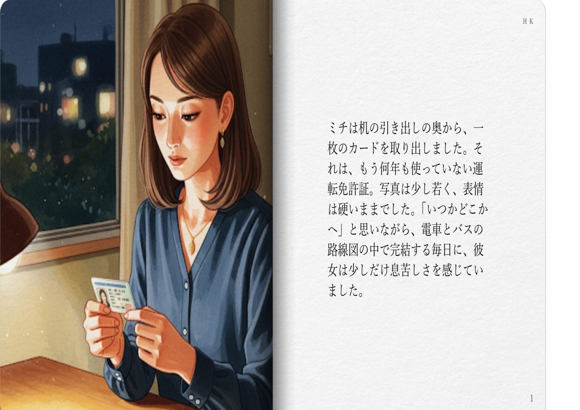 ミチは机の引き出しの奥から、一枚のカードを取り出しました。それは、もう何年も使っていない運転免許証。写真は少し若く、表情は硬いままでした。「いつかどこかへ」と思いながら、電車とバスの路線図の中で完結する毎日に、彼女は少しだけ息苦しさを感じていました。
