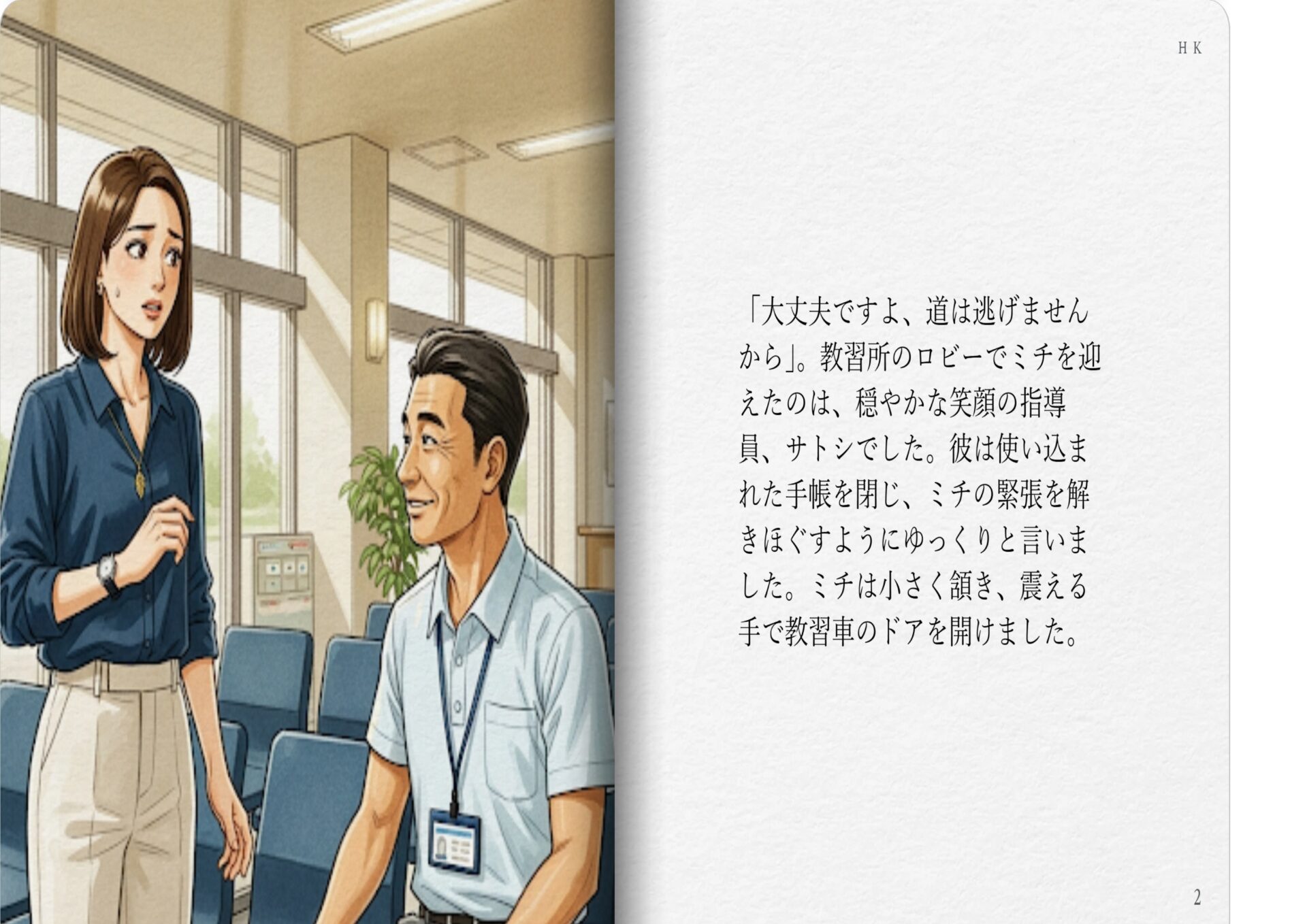 「大丈夫ですよ、道は逃げませんから」。教習所のロビーでミチを迎えたのは、穏やかな笑顔の指導員、サトシでした。彼は使い込まれた手帳を閉じ、ミチの緊張を解きほぐすようにゆっくりと言いました。ミチは小さく頷き、震える手で教習車のドアを開けました。