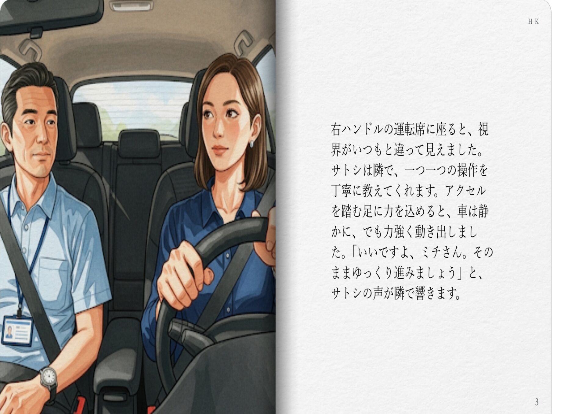 右ハンドルの運転席に座ると、視界がいつもと違って見えました。サトシは隣で、一つ一つの操作を丁寧に教えてくれます。アクセルを踏む足に力を込めると、車は静かに、でも力強く動き出しました。「いいですよ、ミチさん。そのままゆっくり進みましょう」と、サトシの声が隣で響きます。