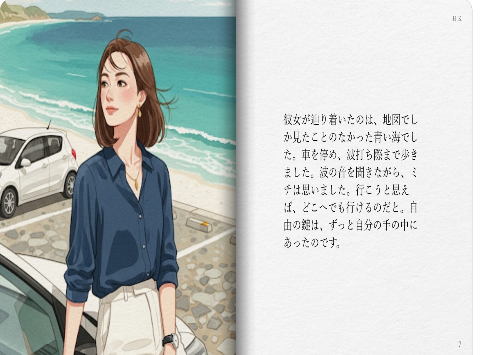 彼女が辿り着いたのは、地図でしか見たことのなかった青い海でした。車を停め、波打ち際まで歩きました。波の音を聞きながら、ミチは思いました。行こうと思えば、どこへでも行けるのだと。自由の鍵は、ずっと自分の手の中にあったのです。