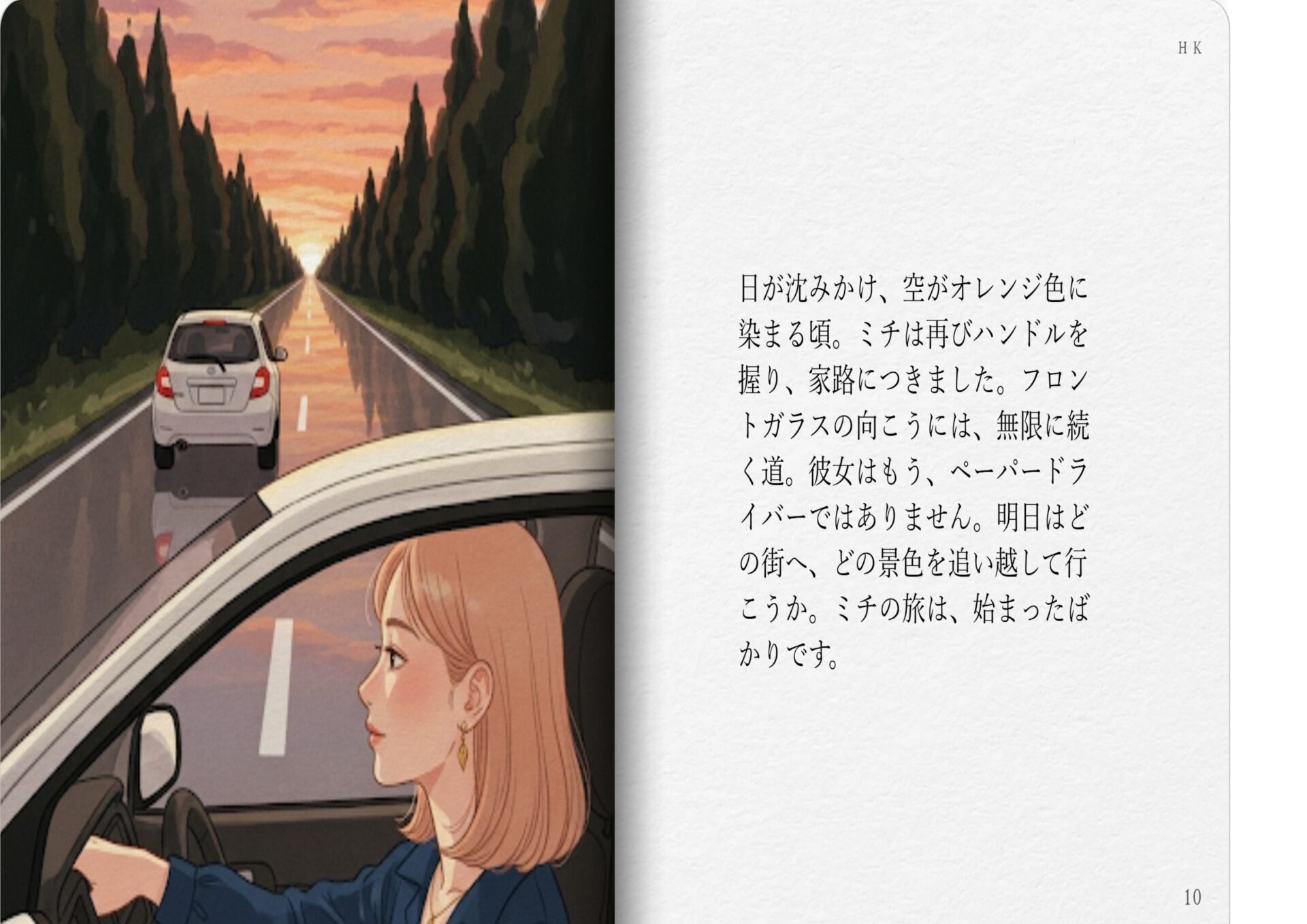 日が沈みかけ、空がオレンジ色に染まる頃、ミチは再びハンドルを握り、家路につきました。フロントガラスの向こうには、無限に続く道。彼女はもう、ペーパードライバーではありません。明日はどの街へ、どの景色を追い越して行こうか。ミチの旅は、始まったばかりです。