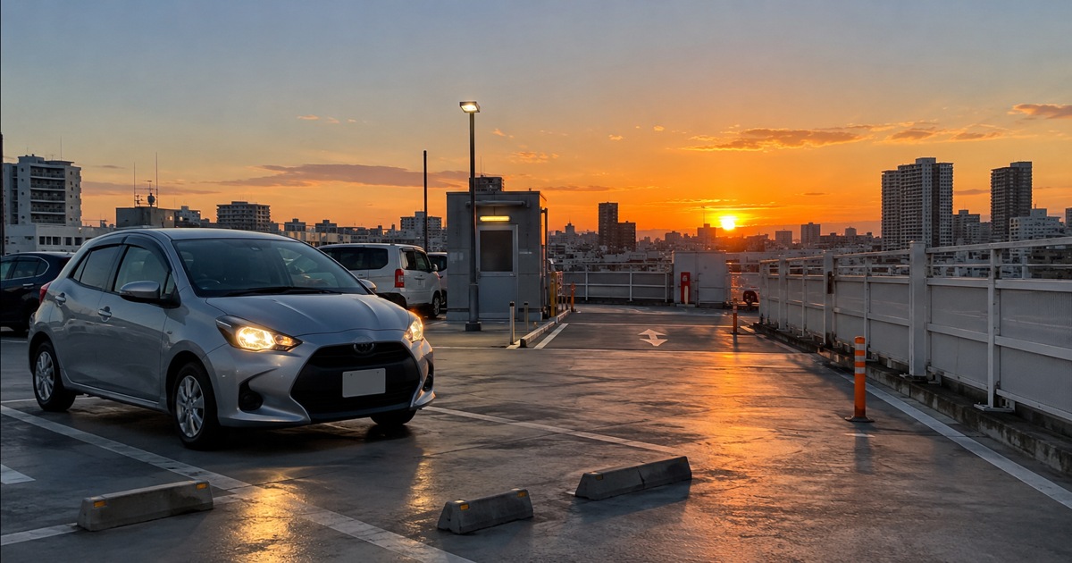 秋の夕暮れ時にライトを点灯して運転するペーパードライバー向けイメージ