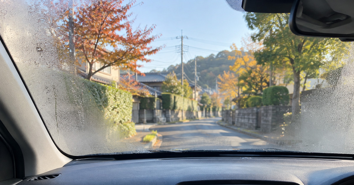 秋の朝に曇ったフロントガラスと停車中の車内