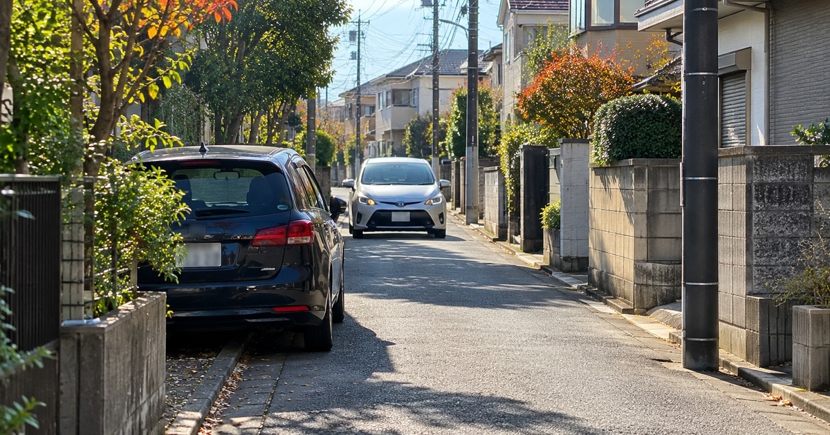 秋の住宅街の狭い生活道路で対向車とすれ違う場面のイメージ
