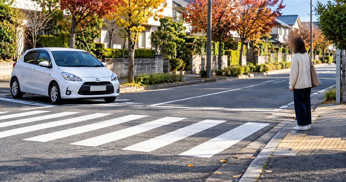 秋の住宅街の信号のない横断歩道で、歩行者を優先して車が待つ様子のイメージ