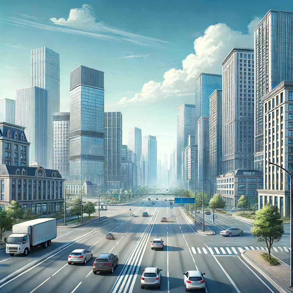 A scenic view of a modern city with high-rise buildings, wide roads, and clear blue skies. There are cars driving smoothly, and the atmosphere is calm.webp
