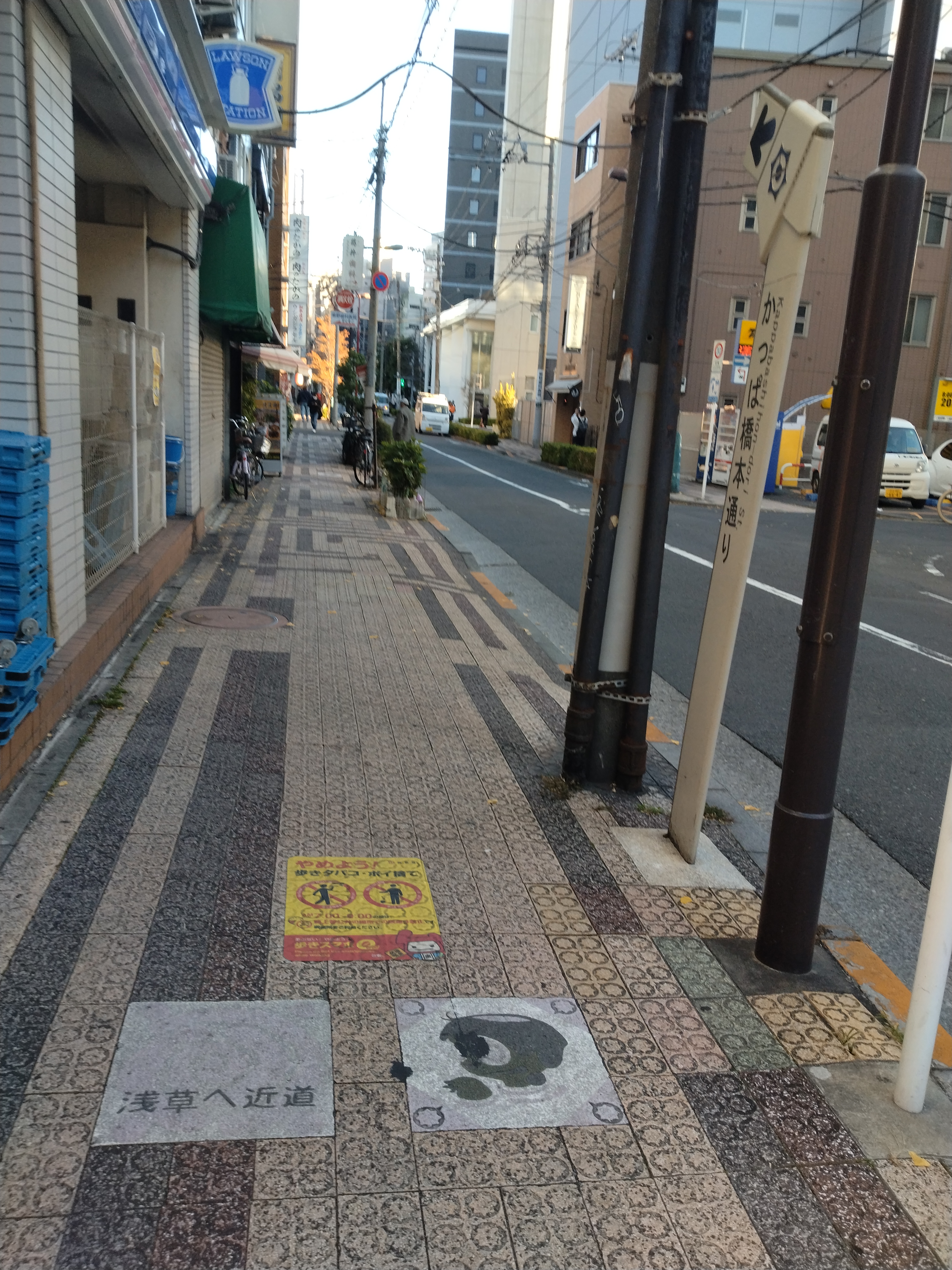 浅草エリアの街並みと歩道が写っています。