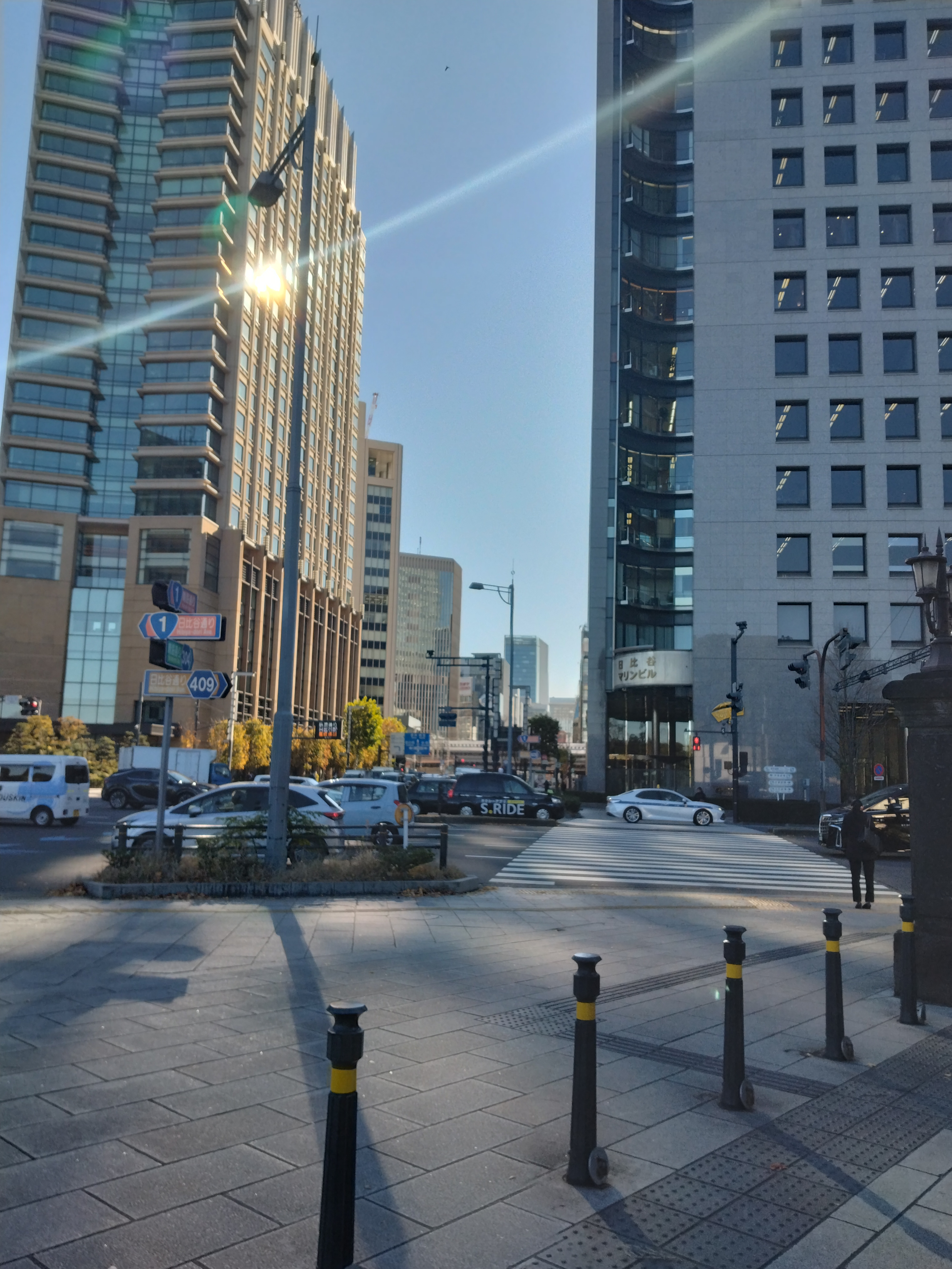 高層ビル前の歩道が朝日を受けて明るく写っています。