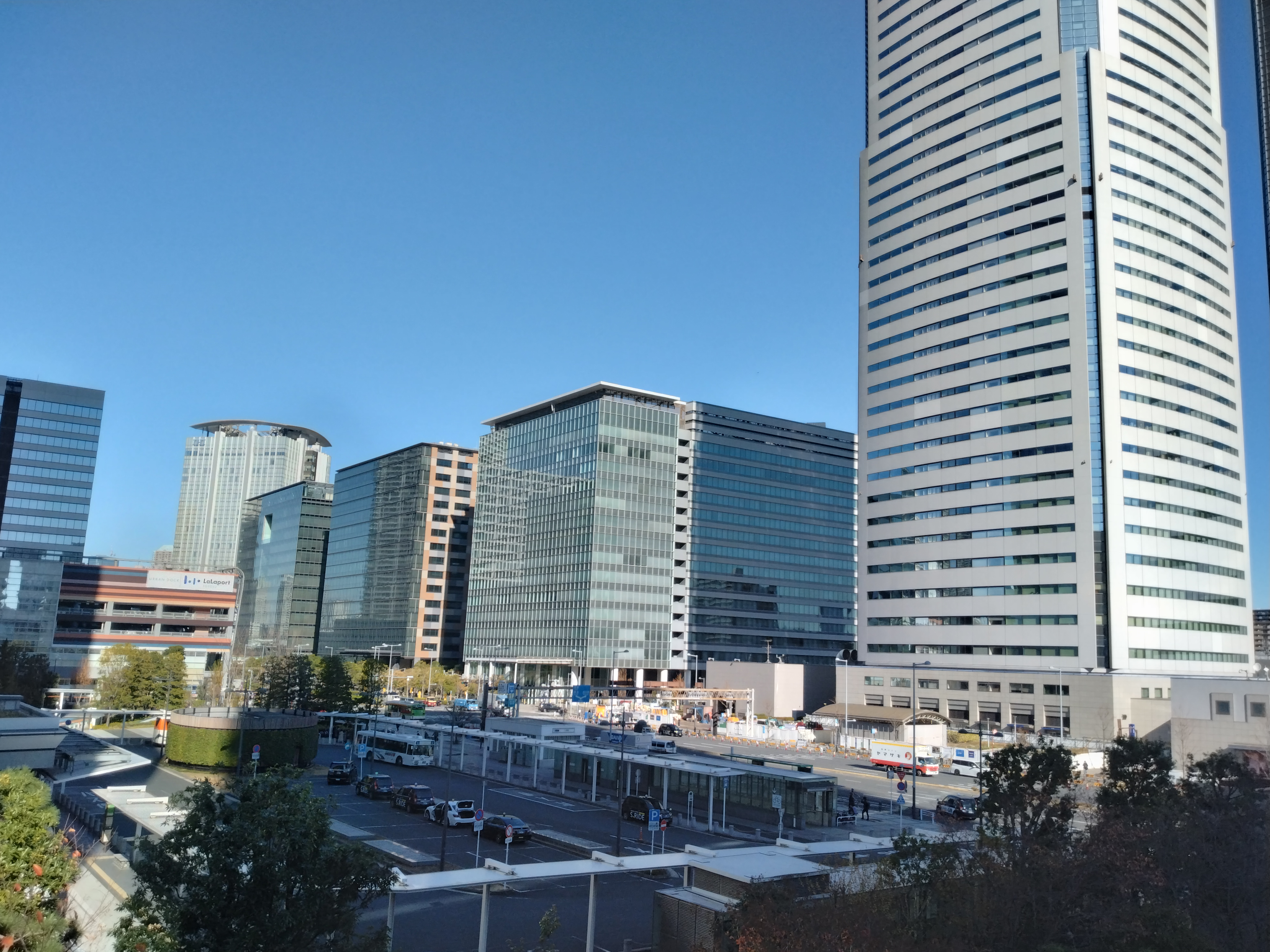 高層ビル群と手前の植栽スペースが写っています。