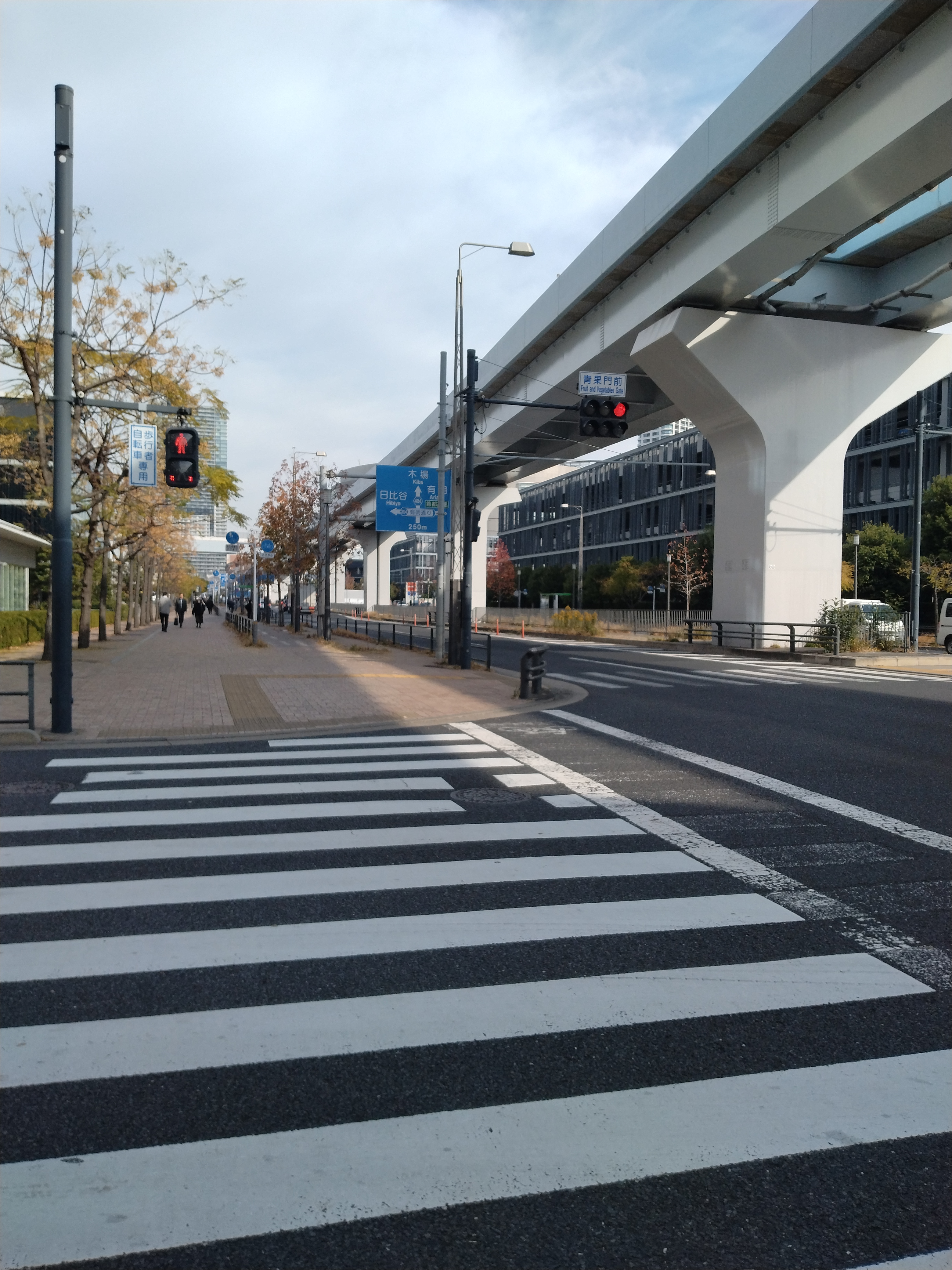 高架に沿って伸びる広い歩道